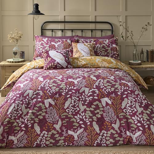Dreams & Drapes Woodland Owl Duvet Cover – Red & Mauve Autumn Floral Print – Double Size 200 x 200cm – 100% Brushed Cotton – Reversible Bedding Set