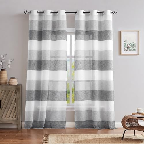 "Central Park Gray Charcola Stripe Sheer Color Block Window Curtain Panel Linen Texture Window Treatment for Bedroom Living Room Farmhouse 102 Inches Long with Grommets, 40""x102""x2"