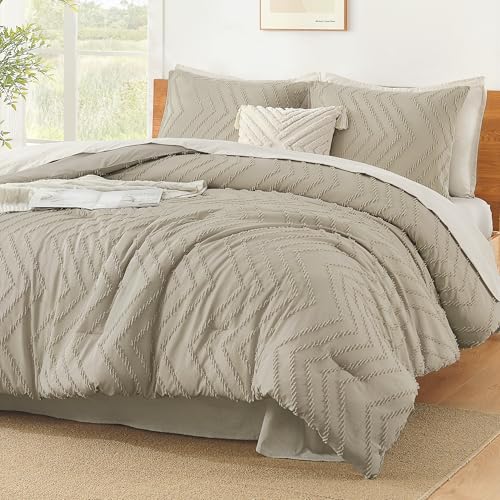 Litanika Oatmeal Queen Comforter Set, 3 Pcs Boho Tufted Bedding Set - Neutral Lightweight Fluffy Chevron Textured Bohemian Bedding Set Gift Choice