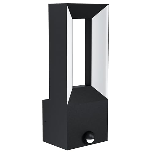 EGLO LED Outdoor Wall Light Riforano with Motion and Twilight Sensor, External Porch Lighting, Waterproof Outside Lamp Made of Black Cast Aluminium and White Plastic, IP44