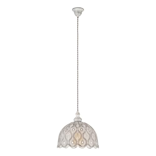 Eglo Pendant Light Talbot 2, Single-Light Hanging Lamp Vintage, Oriental, Boho, Steel Pendant in Antique White, Dining Table Lamp, Living Room Hanging Lamp, E27 Socket