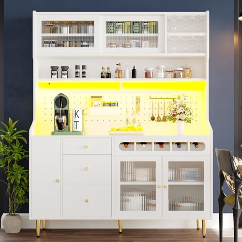 Ball & Cast Highboard with LED Lights & Adjustable Shelves, Freestanding Storage Cabinet, Tall Unit with Wine Rack for Living Room, Kitchen, Dining Room, 145 x 39 x 171 cm White