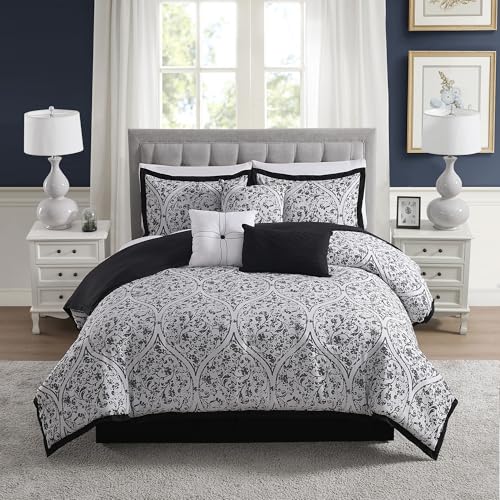 Queen Comforter Set - Complete 7-Piece Bedding Collection - 1 Comforter, 2 Pillow Shams, 1 Bed Skirt & 3 Decorative Accent Pillows - Premium Quality, Queen, Black/White Damask