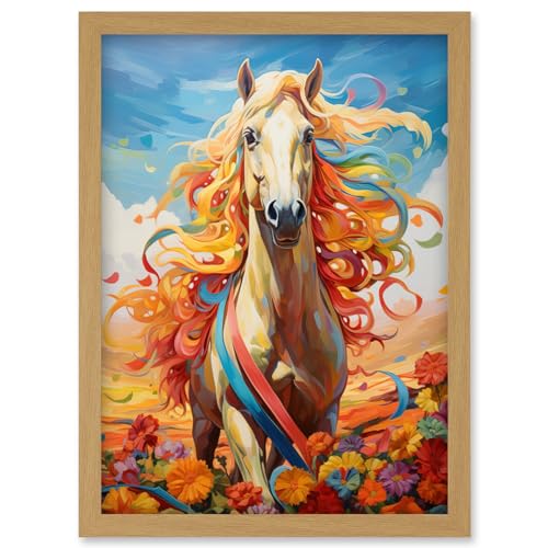 Artery8 Girls Bedroom Nursery Artwork Fantasy Horse Colourful Mane Bright Bold Fun Happy Artwork Framed Wall Art Print A4