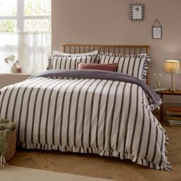 furn. Wylder Connie Duvet Cover Set – Reversible Cotton Rich Stripe Ruffle Linen Look Bedding (Chocolate – Double)