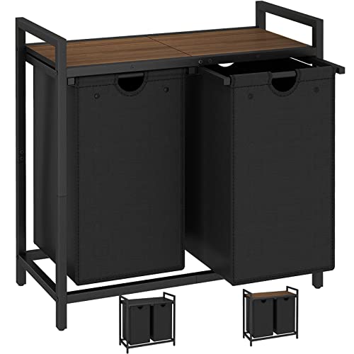 LAATOOREE Two-Tone Laundry Hamper, 2 x 48L Baskets with 2 Removable Laundry Bags and Top Shelf, Clothes Basket for Laundry Room, Bathroom