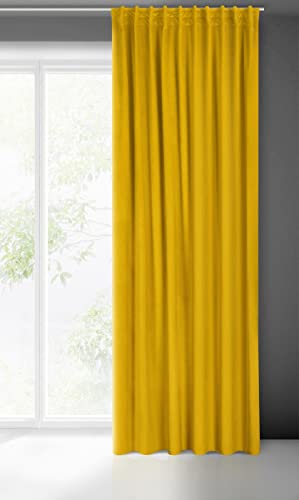 Eurofirany Madlen Velvet Curtain with Pleated Tape 1 Piece Soft Elegant Curtain 200 g/m² Elegant Smooth Plain Modern Classic Living Room Bedroom 140 x 300 cm Mustard Yellow