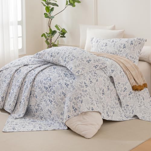 Lady Ann Oversized King Quilt Bedspreads 120x120, 3 Pcs Cotton Floral California King Size Quilt Bedding Set??? Blue and White Floral & Leaves Pattern Plant Botanical Printed Quilted Coverlet Set