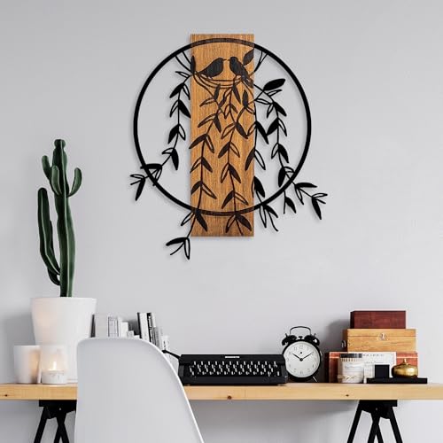 Elegant Decorative Wooden Wall Accessory, Walnut & Black, 56 x 56 cm, 100% Wood & Metal (1.5 mm), Unique Colour Variations for Stylish Home Decor