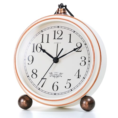 AYRELY Small Battery Operated Antique Retro Analog Alarm Clock for Room Decor, Silent Elegant Bedside Desk Table Gift Clock (White)