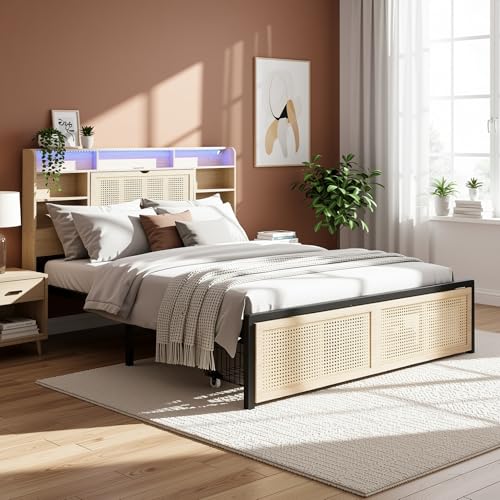 39F Furniture Dream Wooden Double Bed Frame with Storage Headboard, LED Strip Light, Charging Port & Rattan-Style Drawer, 4ft6 (135×190cm), Natural Wood Finish