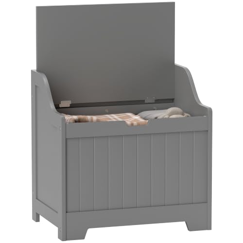 HOMCOM Storage Chest Storage Trunk Safety Hinge 56.5 x 38 x 56 cm Grey - U-shaped Cut-out Pull, Wooden Box, Living Room, Entryway