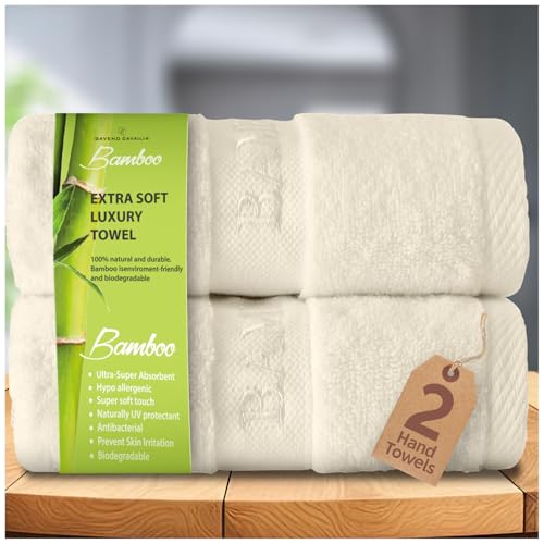 GC GAVENO CAVAILIA Bamboo Hand Towels 2 Pack - 500 gsm Highly Absorbent Towels For Bathroom (50x80 Cm) - 60% Bamboo, 40% Cotton Towels Bale Extra Soft - Cream