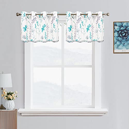 Printed Kitchen Valance Linen Textured 18-inches Floral Leaf Design Farmhouse Style Window Panel Drapes Set Grommet Treatment for Basement Caf?? Room, 52 x 18 inch, Teal