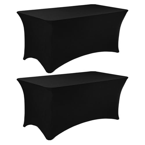 JALANCY 2 Pack 8FT Spandex Table Covers Washable Wrinkle Resistant Stretch Table Cloth for Folding Table Wedding Party Birthday Banquet Bar Events???Black???