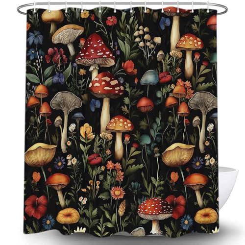 Uokiuki Boho Mushroom Floral Shower Curtain, Dark Vintage Plant Flowers Botanical Witchy Shower Curtain Set, Fabric Rustic Farmhouse Wildflower Chic Aesthetic Shower Curtain with 12PCS Hooks, 70X84IN