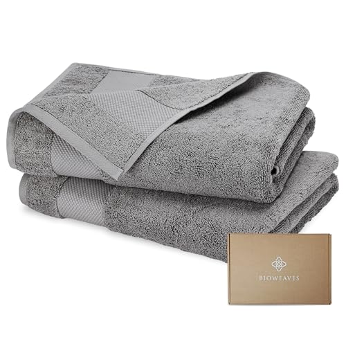 "BIOWEAVES 100% Organic Cotton 700 GSM Plush Bath Towels 30"" x 58"" GOTS Certified - Light Grey, Pack of 2"