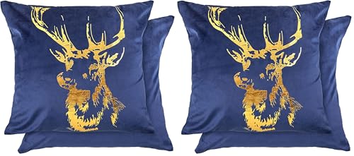 Emma Barclay Velvet Stag - Soft Plush Velvet Cushion Cover with Foil Print in Navy Blue - 17x17 (43x43cm) (Pack of 2)