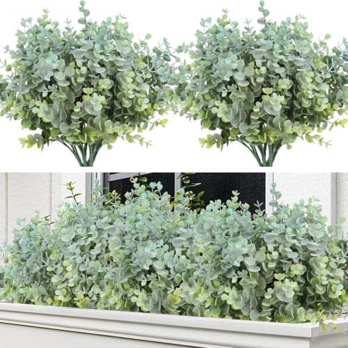 RECUTMS 8Bundles Artificial Eucalyptus Greenery Stems Plant 13In Dusty Blue - Plastic Boxwood Shrub Branch,No Maintenance,Weather-proof,long-term Reuse,Farmhouse Garden Vase Outdoor Planter Wedding Decor