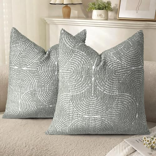 AELS Boho Decorative Textured Throw Pillow Covers 20x20, Organic Modern Mid Century Rainbow Tufted Pillow Case, Farmhouse Rustic Geometric Woven Cushion Case for Bed Couch Sofa, Slate Pale Blue Gray