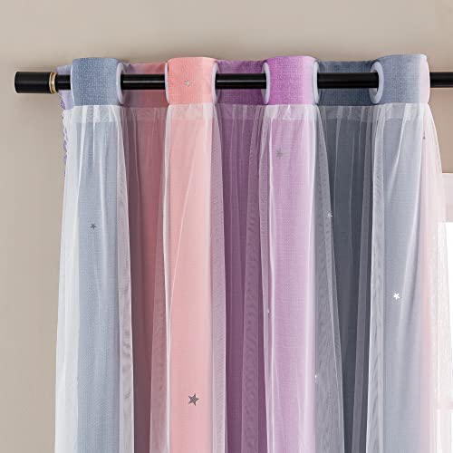 XiDi Curtains for Bedroom Decor, Rainbow GreyPinkPu-52-45 - 52 x45 inch, Grey Pink Purple layered curtain, kids and girls bedroom decor, white sheer overlay,room darkening, grommet top