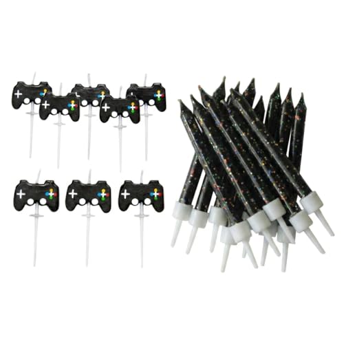 Gaming Party Candle Set - Black Glitter Birthday Candles with Gaming Theme Cake Picks & Holders - Cake Topper Decoration Kit for Kids & Teen Gaming Parties - AMZ029