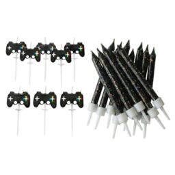 Gaming Party Candle Set - Black Glitter Birthday Candles with Gaming Theme Cake Picks & Holders - Cake Topper Decoration Kit for Kids & Teen Gaming Parties - AMZ029
