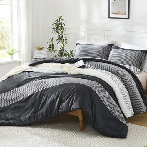 Litanika Oversized Queen Comforter Set Black - 3 Pieces Stripe Bed Set - Fluffy Lightweight Soft Colorblock Down Alternative All Season Bed Set