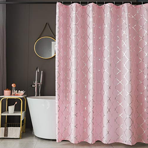 FINECITY Pink Shower Curtain Silver Moroccan Pattern with 12 Hooks Included, 72 x 72 Inch, 1 Panel