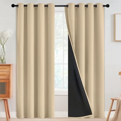 SimpleHome Beige 100% Blackout Curtains Room Darkening Living Room 90 Inch - Curtains for Bedroom,Thermal Insulated Grommet Window Drapes,Curtains for Living Room with Black Back,52 x 90 Inch,2 Panels