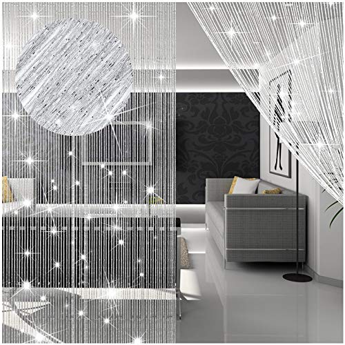 WILLBOND 4 Pieces String Curtains Glitter Fringe Curtains for Window 79 x 39 Inch Door String Curtain Divider Strip Tassel for Wedding Living Room Bathroom Coffee Shop Restaurant (Silver)