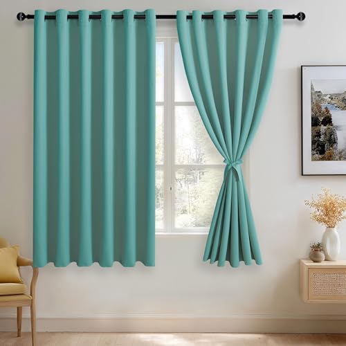 JIUZHEN Turquoise Blackout Curtains with Tiebacks Thermal Insulated, Light Blocking and Noise Reducing Grommet Curtains for Bedroom and Living Room, Set of 2 Window Curtain Panels, 70 x 63 Inch Length