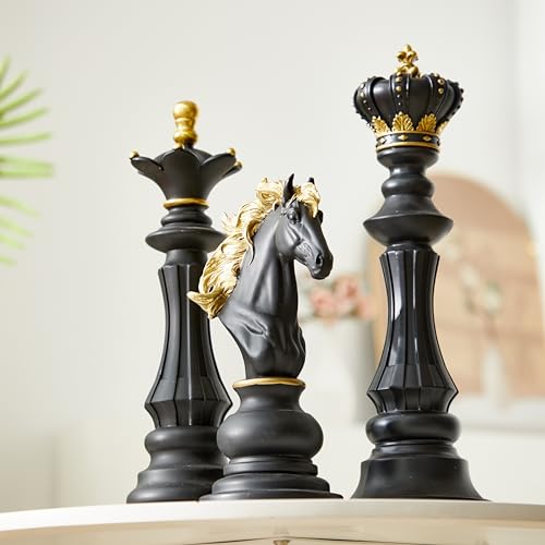 Yuxung 3 Pcs Large Chess Statue Decor Set - King, Queen, Knight - Black/Gold - Classic Chess Figurine - Gift for Home, Office, Holidays