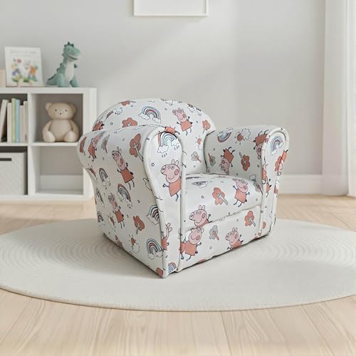 Kidsaw Kids Peppa Pig Themed Children's Armchair Toddler Chair - Wood Frame - Thick Padding - Soft Upholstered Toddler Seating for Bedroom or Playroom (Peppa Pig White)