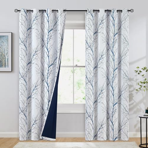 "Blue-White Tree Blackout Curtains for Bedroom 84"" Long Blue Grey Branch Curtain Drapes for Living Room Triple Weave Energy Saving Full Blackout Window Curtains for Summer Winter 2pcs Grommet Top"