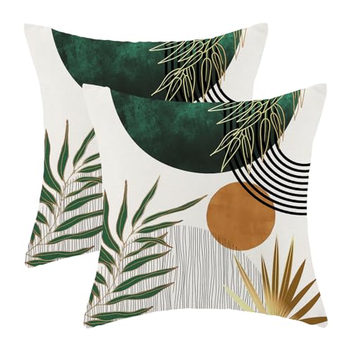 BETGINY Boho Pillow Covers 16x16 Inch 2 Pcs,Olive Green Gold Tropical Leaf Summer Outdoor Decorative Throw Pillows,Mid Century Abstract Farmhouse Decor Pillowcase Linen Cushion Cover for Couch Sofa