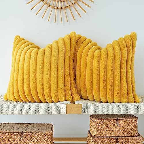 JOJUSIS Pack of 2 Faux Fur Plush Decorative Throw Pillow Covers Couch Cushion Case Soft Pillowcases (Mustard Yellow, 18 x 18-Inch)