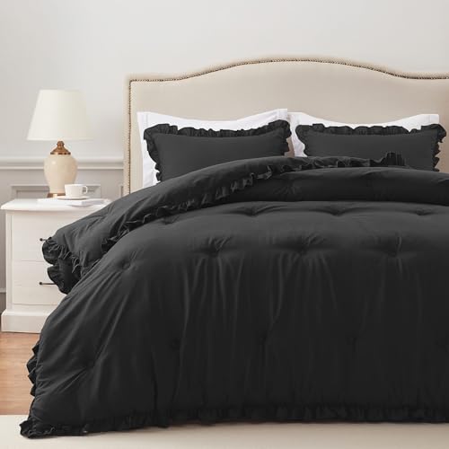 HARBOREST Queen Comforter Set Ruffle Black Fluffy 3 Piece Queen Bedding Set Shabby Chic (1 Comforter and 2 Pillowcases)