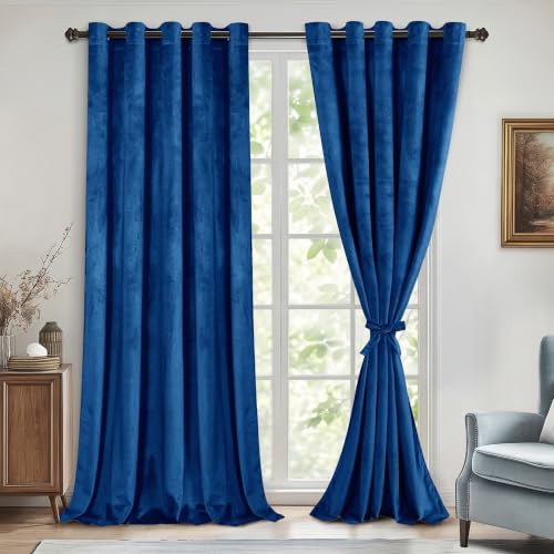 DWCN Set of 2 Extra Large Blackout Velvet Curtains with Thick Grommets for Bedroom, Living Room, Interior Decoration, Royal Blue, 60W x 96L Inch, Royal Blue