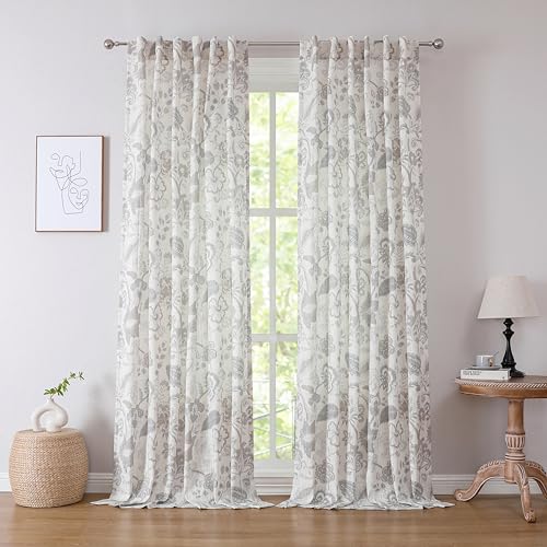 "Kayne Studio Linen Grey Curtain Panels Linen Textured Botanical Leaf Print Floral Farmhouse Linen Curtain Drapes Light Filtering Window Treatments Living Room Bedroom Rod Pocket Back Tab,52""x102""x2"