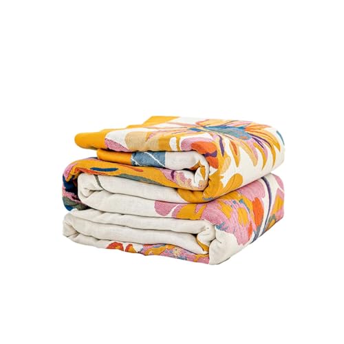 "XIBLC Boho Throw Blanket, 100% Cotton Ultra Soft Luxury Throw Rustic Quilt, 90""x98"" Floral Bird Butterfly Farmhouse Decor Bed Blankets, All Season Rustic Reversible Bohemian Throw for Bed - Yellow"