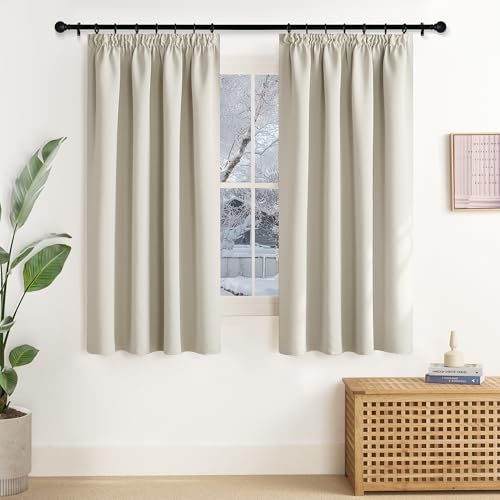 NICETOWN Short Blackout Curtains, Beige Curtains with Ruffle Tape, Set of 2, 145 x 140 cm (H x W), Window Curtain, Opaque for Rail, Thermal Curtain, Heat Protection, Light Beige