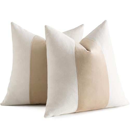 AmHoo Pack of 2 Velvet Panel Cotton Pillow Covers Decorative Pillowcase Cushion for Couch Sofa Bedroom 18 x 18-Inch Beige