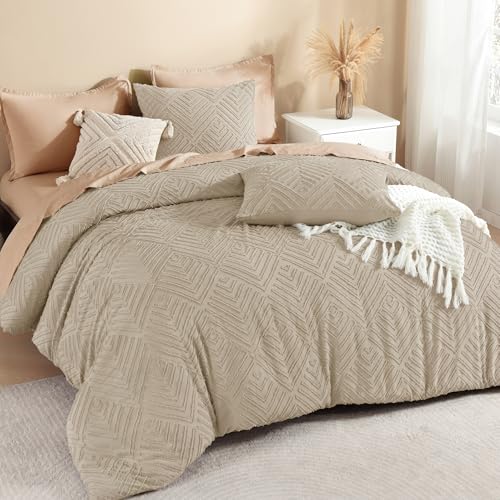Litanika California King Comforter Set, 3 Pcs Wheat Tufted Boho Bedding Set - Farmhouse Shabby Chic Vintage Bohemian Textured Aesthetic Soft Fluffy Lightweight Breathable All Season Bed Set