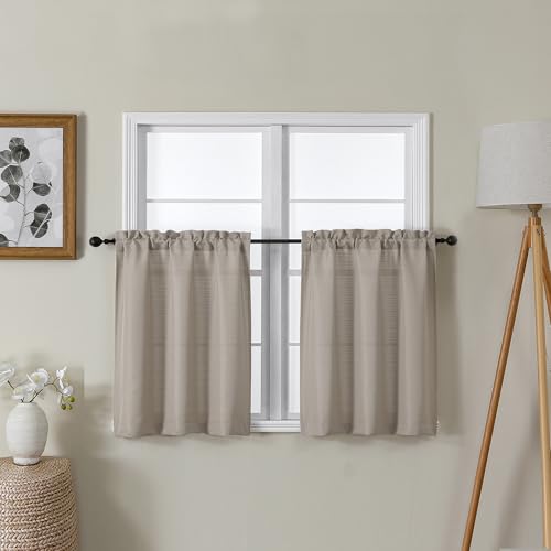 Lecloud Bessie Stone Short Curtains 24 Inch Length 2 Pcs, Faux Linen Cafe Kitchen Small Curtains with Rod Pocket, Light Filtering Curtain Tiers Window Treatments for Bedroom Bathroom, Each 30 W x 24 L