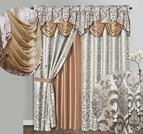 "GOHD Samba Star. Jacquard Window Curtain Panel Drape with Attached Fancy Valance and taffeta backing. 2pcs Set. Each pc 54"" Wide x 90"" Drop with 18"" Valance. (SAND)"