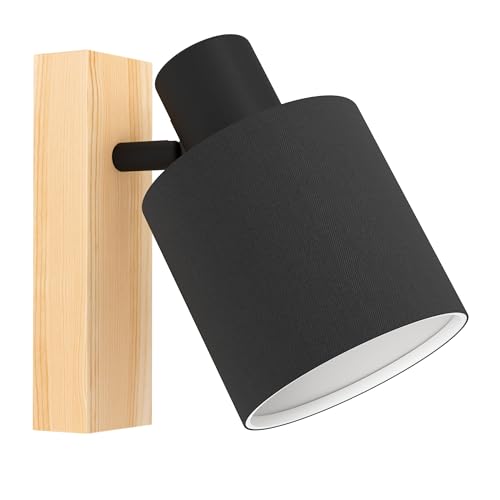 EGLO Indoor Wall Light Batallas, Scandinavian Style Wall Lamp Made of Wood, Fabric and Metal, Lighting Fixture for Living Room and Bedroom, Black and White Spotlight, E27 Socket
