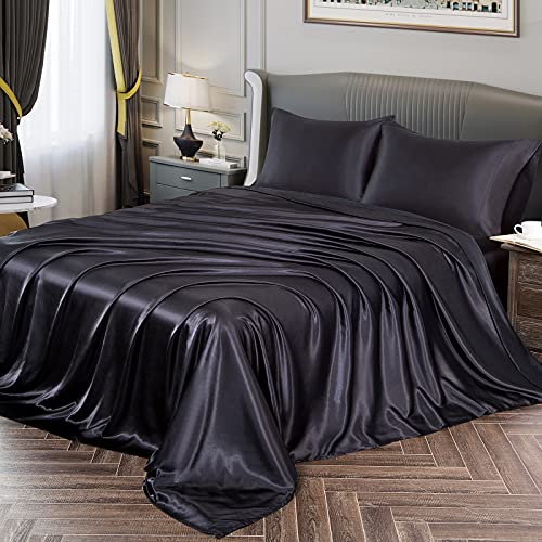 Vonty Silky Satin Bed Sheet Set, Sheet Set with Deep Pockets Fitted Sheet, Hypoallergenic, Wrinkle & Fade Resistant Twin Black