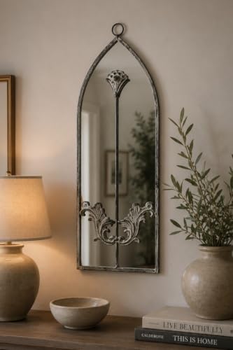 "MirrorOutlet The Arcus - Concrete Colour Framed Modern Arched Wall Mirror 24"" X 8"" (60CM X 20CM) Silver Mirror Glass with Black All weather Backing."