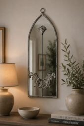 "MirrorOutlet The Arcus - Concrete Colour Framed Modern Arched Wall Mirror 24"" X 8"" (60CM X 20CM) Silver Mirror Glass with Black All weather Backing."